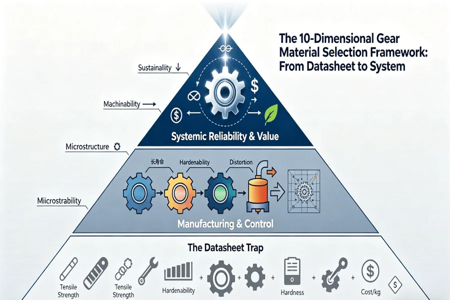 Diagram illustrating the 10-Dimensional Gear Material Selection Framework: a pyramid showing the evolution from basic data sheet properties (Tensile Strength, Hardness) at the base, through critical manufacturing factors (Hardenability, Distortion Control, Machinability), to achieve systemic reliability and total value at the peak. A visual summary of the article’s core concept.