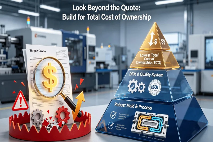 illustration comparing the trap of focusing only on initial quote price versus the solution of building a robust foundation for the lowest Total Cost of Ownership (TCO) in plastic injection molding, featuring a TCO pyramid with DFM, mold quality, and process stability.
